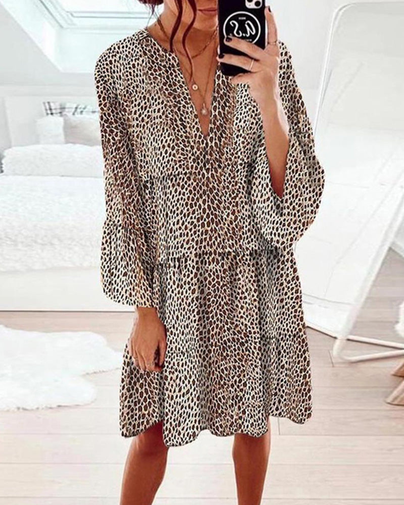Variant image for Elegant Leopard Knälång Klänning med Puffärmar för Kvinnor-1