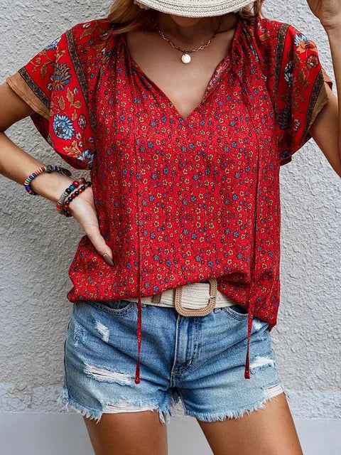 Boho V-hals Damtoppar - Elegant Sommarstil för Vardagsbruk-3