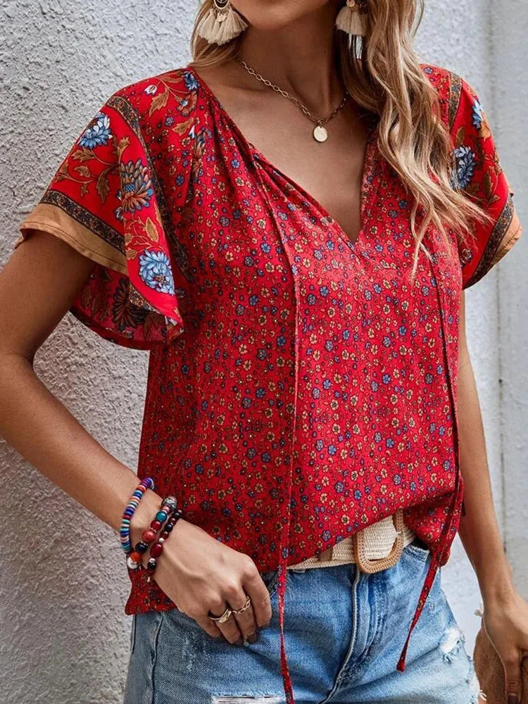 Boho V-hals Damtoppar - Elegant Sommarstil för Vardagsbruk-5