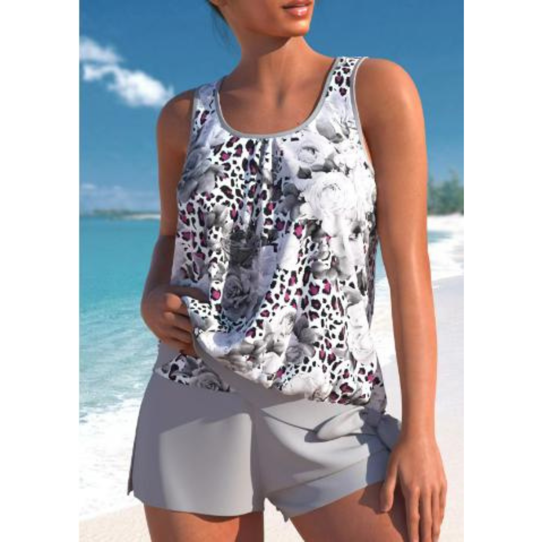 Elegant Blommig Tankini för Kvinnor - Tvåfärgad Design-3