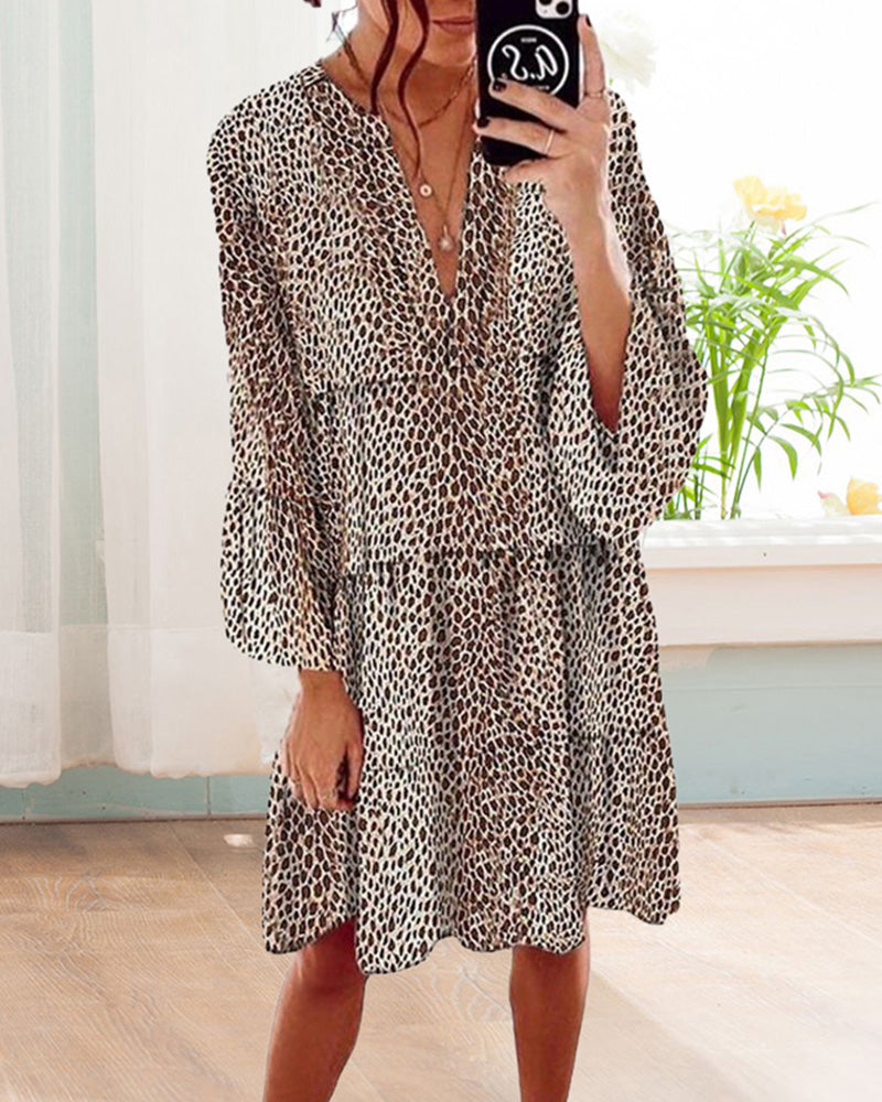 Elegant Leopard Knälång Klänning med Puffärmar för Kvinnor-3