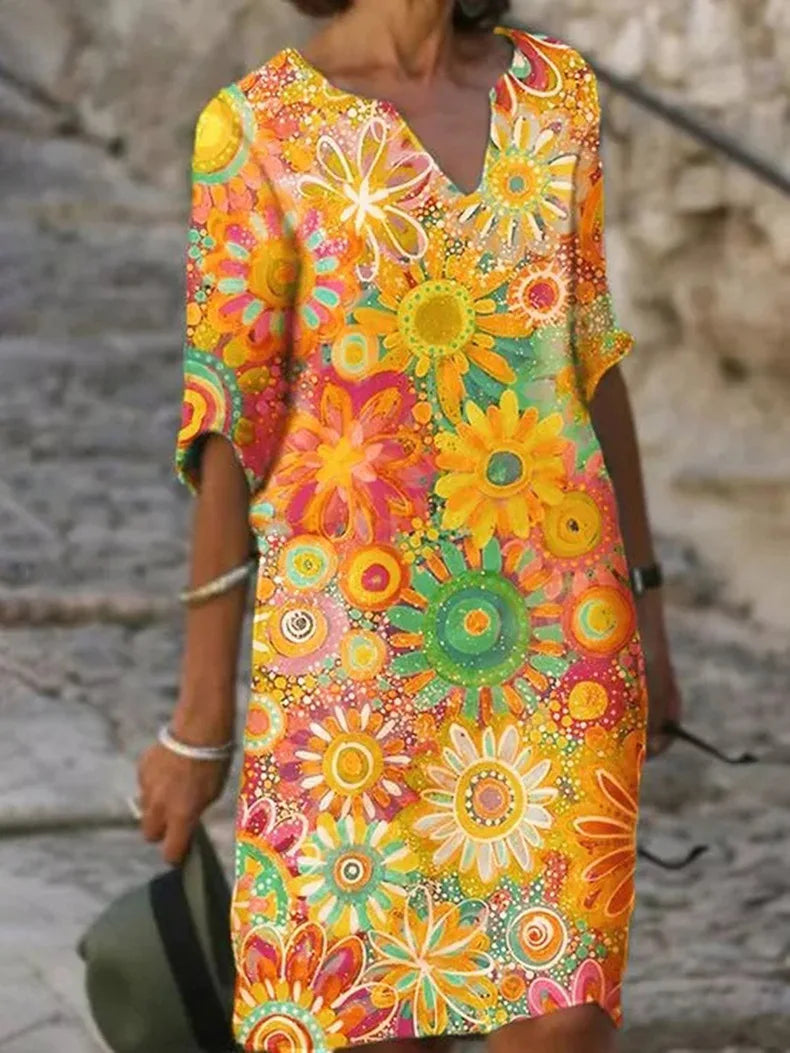 Blommig Klänning Dam Med V-Ringning - Elegant Sommarklänning-1