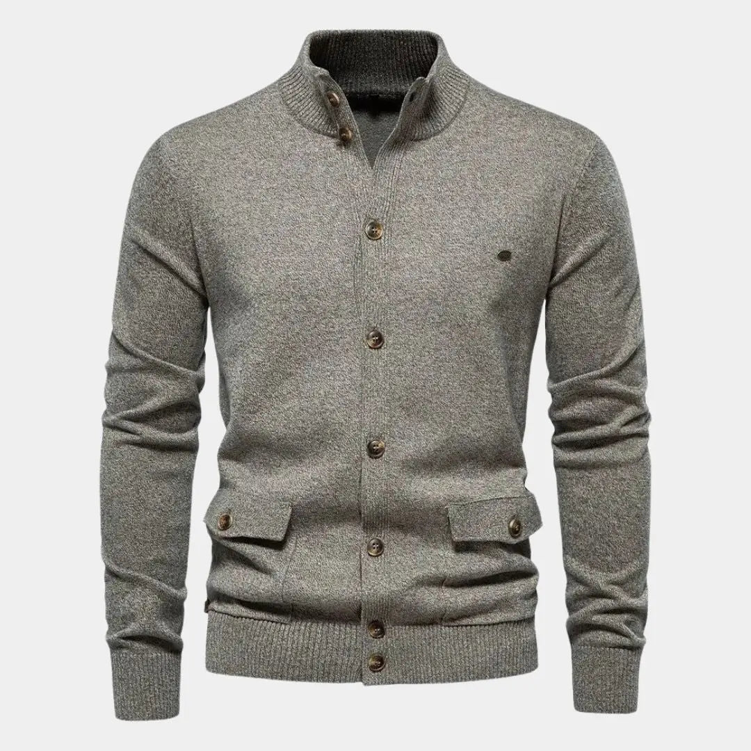 Echt Sweater Stickad Ståkrage Bomull Cardigan - Elegant och Bekväm Stil