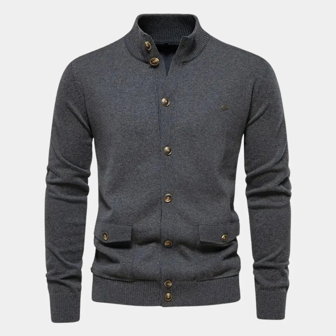 Echt Sweater Stickad Ståkrage Bomull Cardigan - Elegant och Bekväm Stil