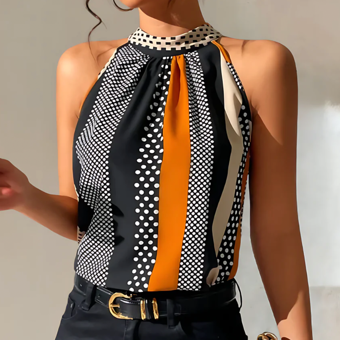 Clementine Damens Topp - Elegant Svart med Unikt Tryck-2