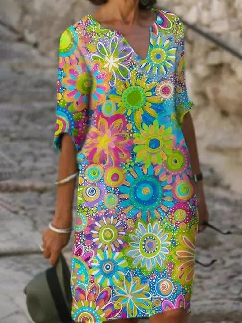Blommig Klänning Dam Med V-Ringning - Elegant Sommarklänning-2