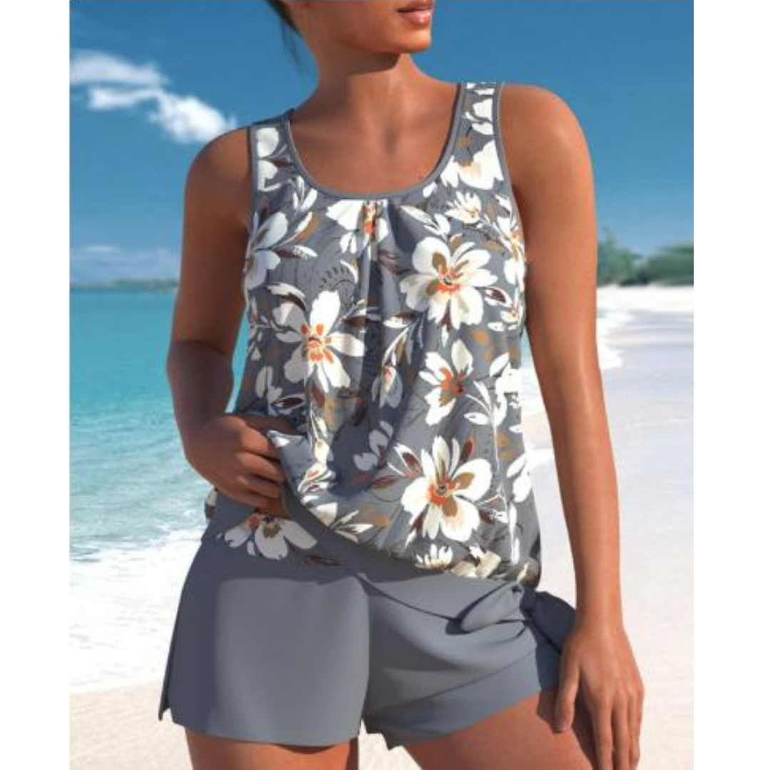 Elegant Blommig Tankini för Kvinnor - Tvåfärgad Design-2