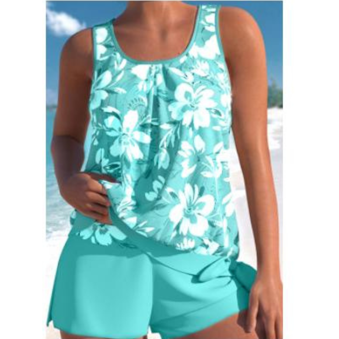Elegant Blommig Tankini för Kvinnor - Tvåfärgad Design-1