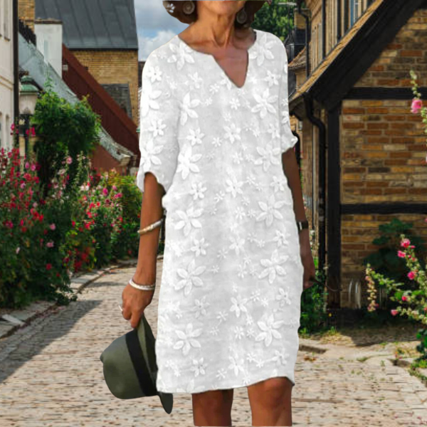 Elegant Bärnstenklänning För Kvinnor - V-Ringning & Blommönster